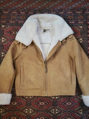 Camel Suede Jacket with Ivory Faux Shearling Collar - Divided Size 8